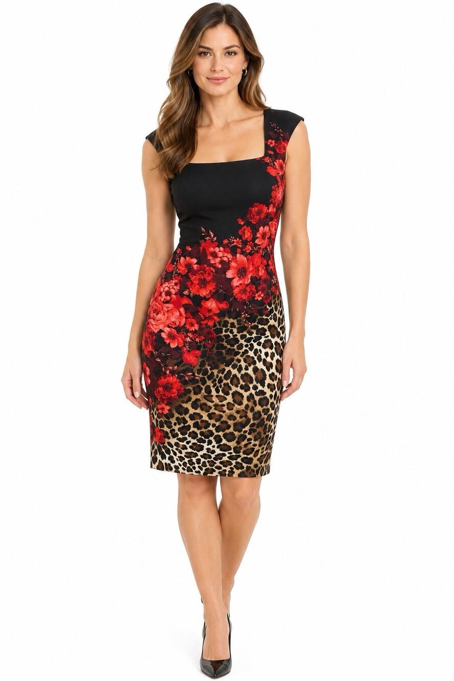 Cache Dress Sheath Sleeveless Square Neck Animal Floral Print Lined Black Red S